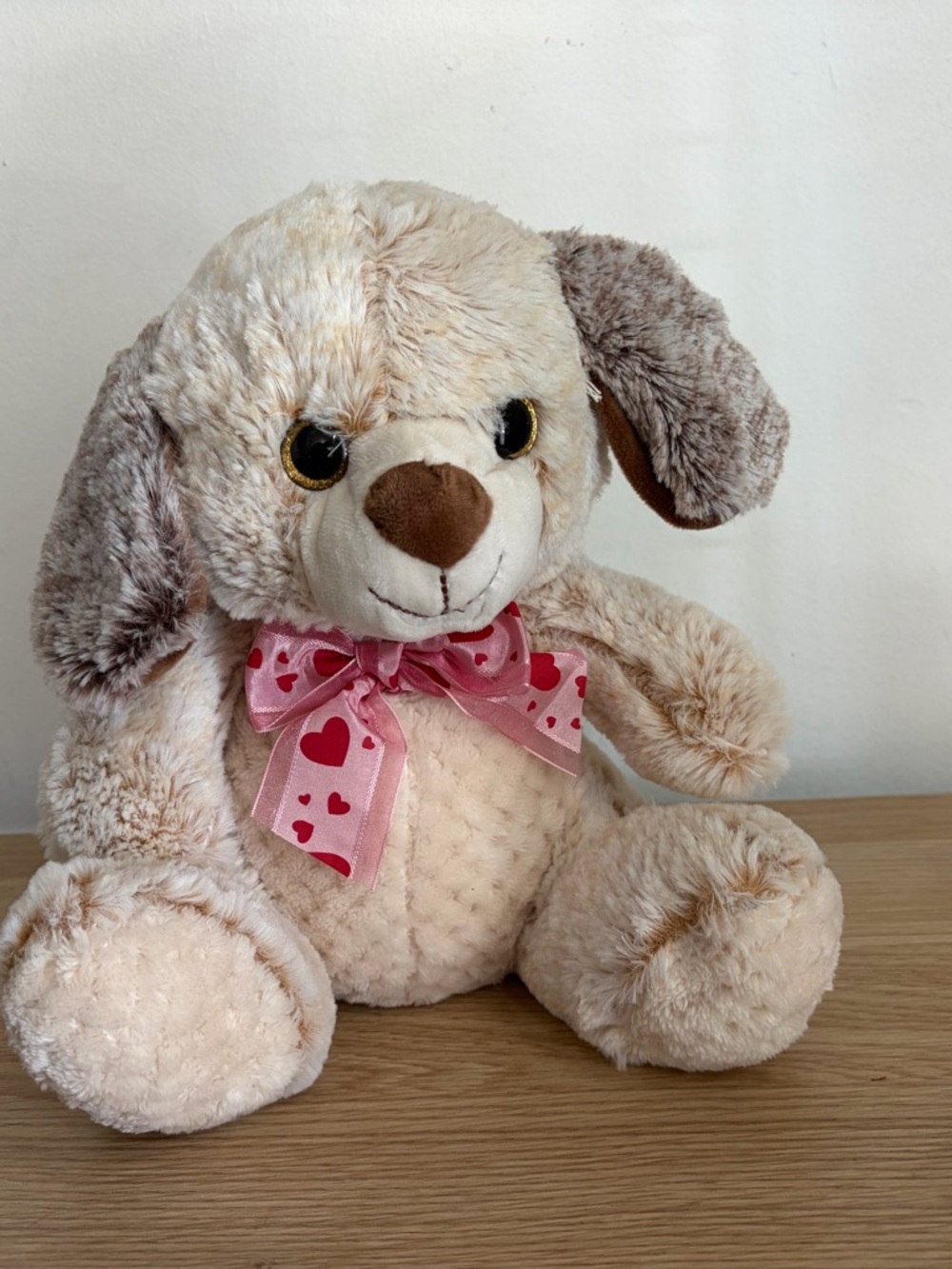 Plush Beige Puppy with Pink Heart Bow - Soft Cuddly Stuffed Dog